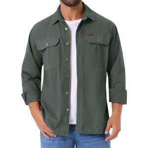 Casual Workwear Long Sleeve Pockets Fishing Hiking Work Shirts Gray